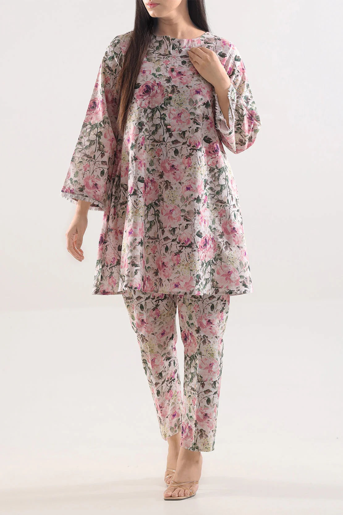 Saya Premium Printed Khaddar 2-Piece Suit – Soft Pink Bloom Floral Cotton Khaddar Shirt & Trouser