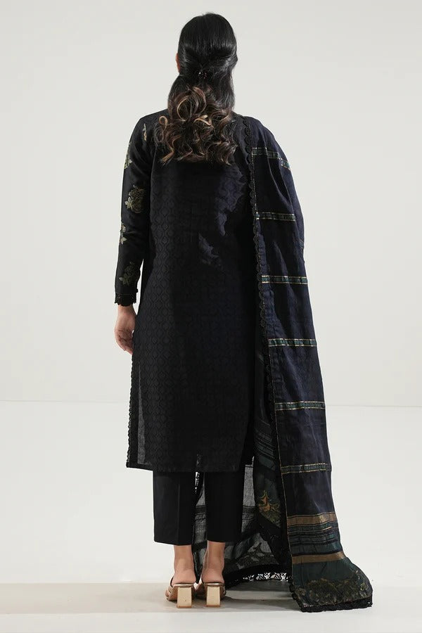 Saya Premium Dyed Jacquard 3-Piece Suit – Midnight Blue Elegance with Jacquard Dupatta & Cambric Trouser