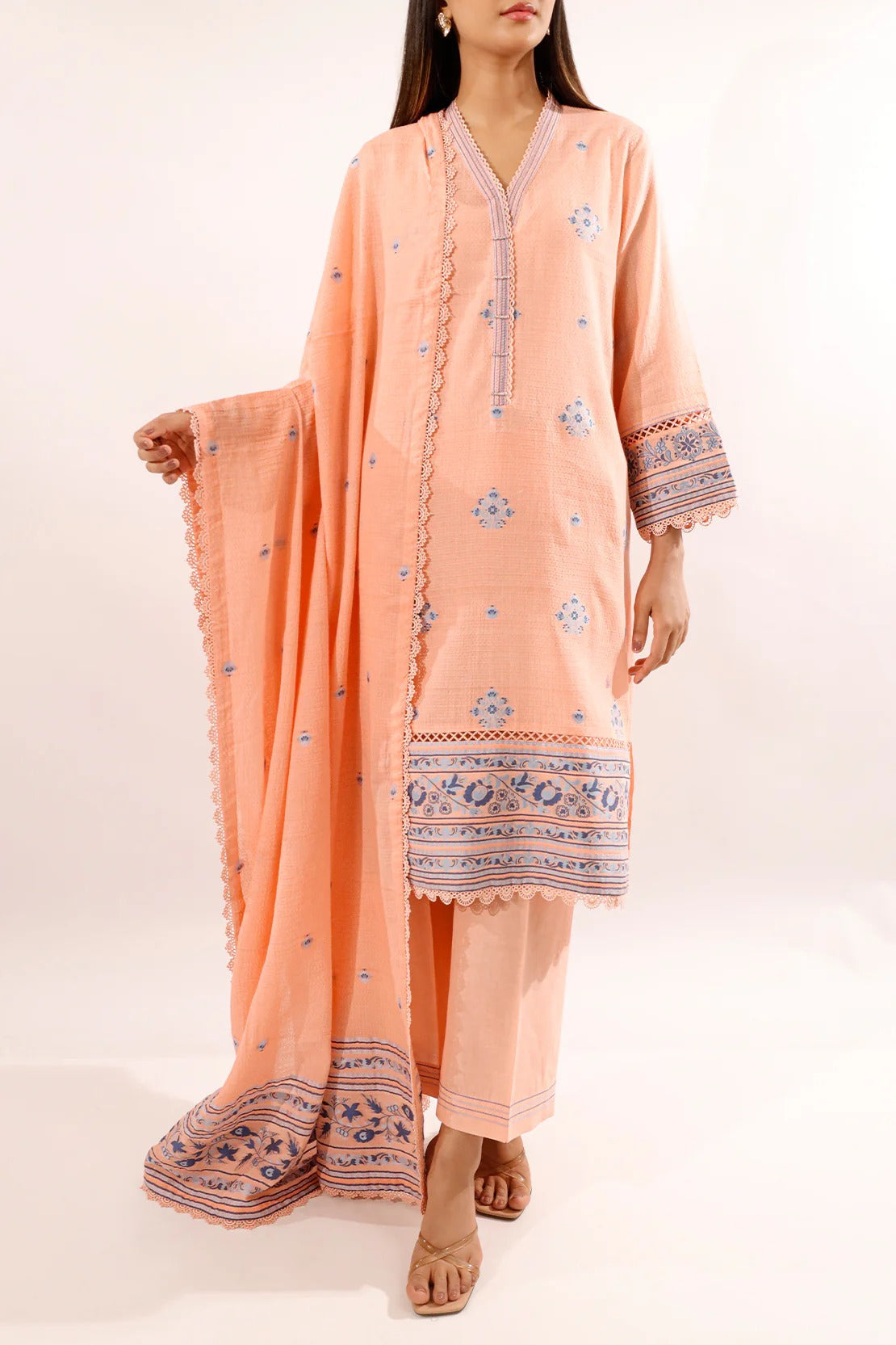 Saya Premium Dyed Jacquard 3-Piece Suit – Soft Peach with Blue Motifs