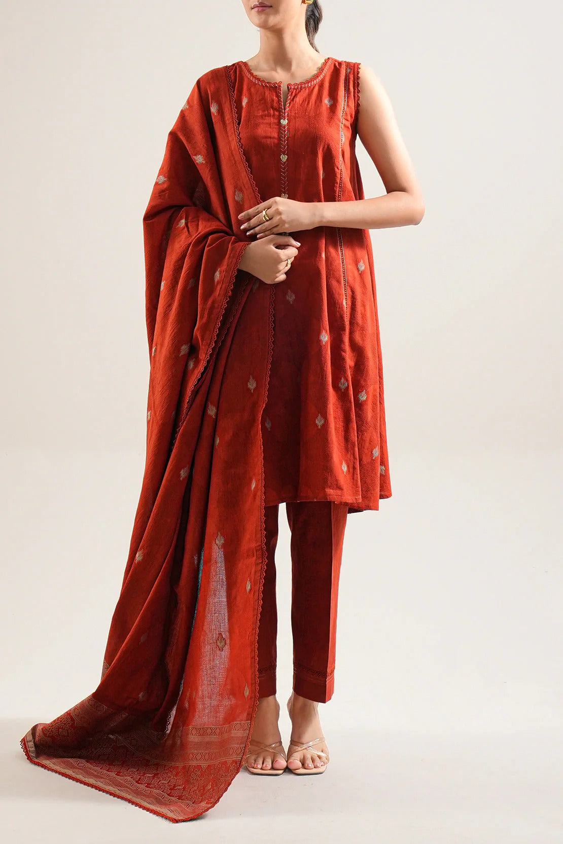 Saya Premium Dyed Jacquard 3-Piece Suit – Burnt Cinnamon Rust Elegance