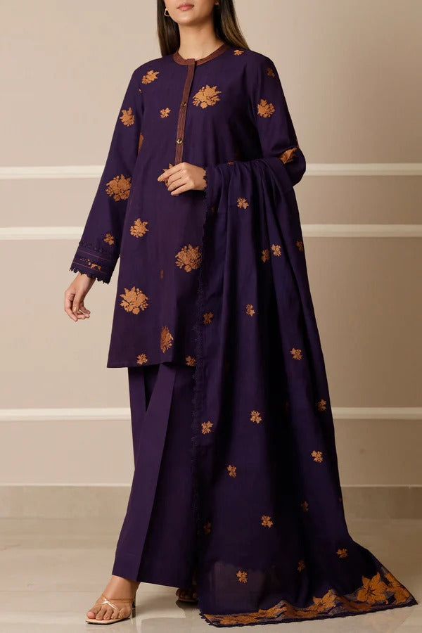 Saya Premium Dyed Jacquard 3-Piece Suit – Deep Royal Blue with Golden Motifs & Jacquard Dupatta