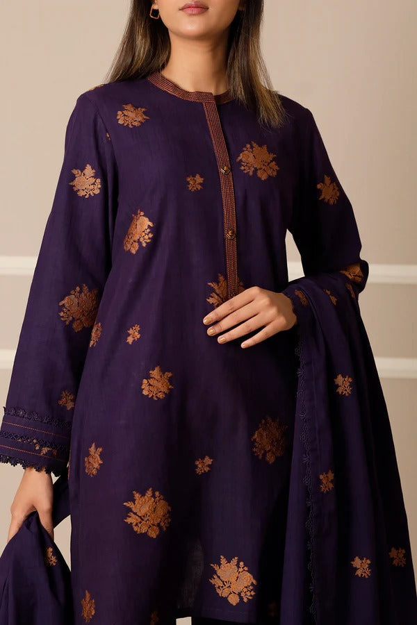Saya Premium Dyed Jacquard 3-Piece Suit – Deep Royal Blue with Golden Motifs & Jacquard Dupatta